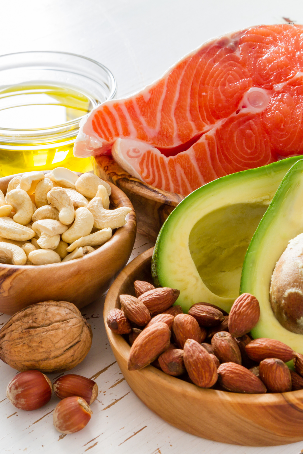 salmon, avocado, nuts and olive oil