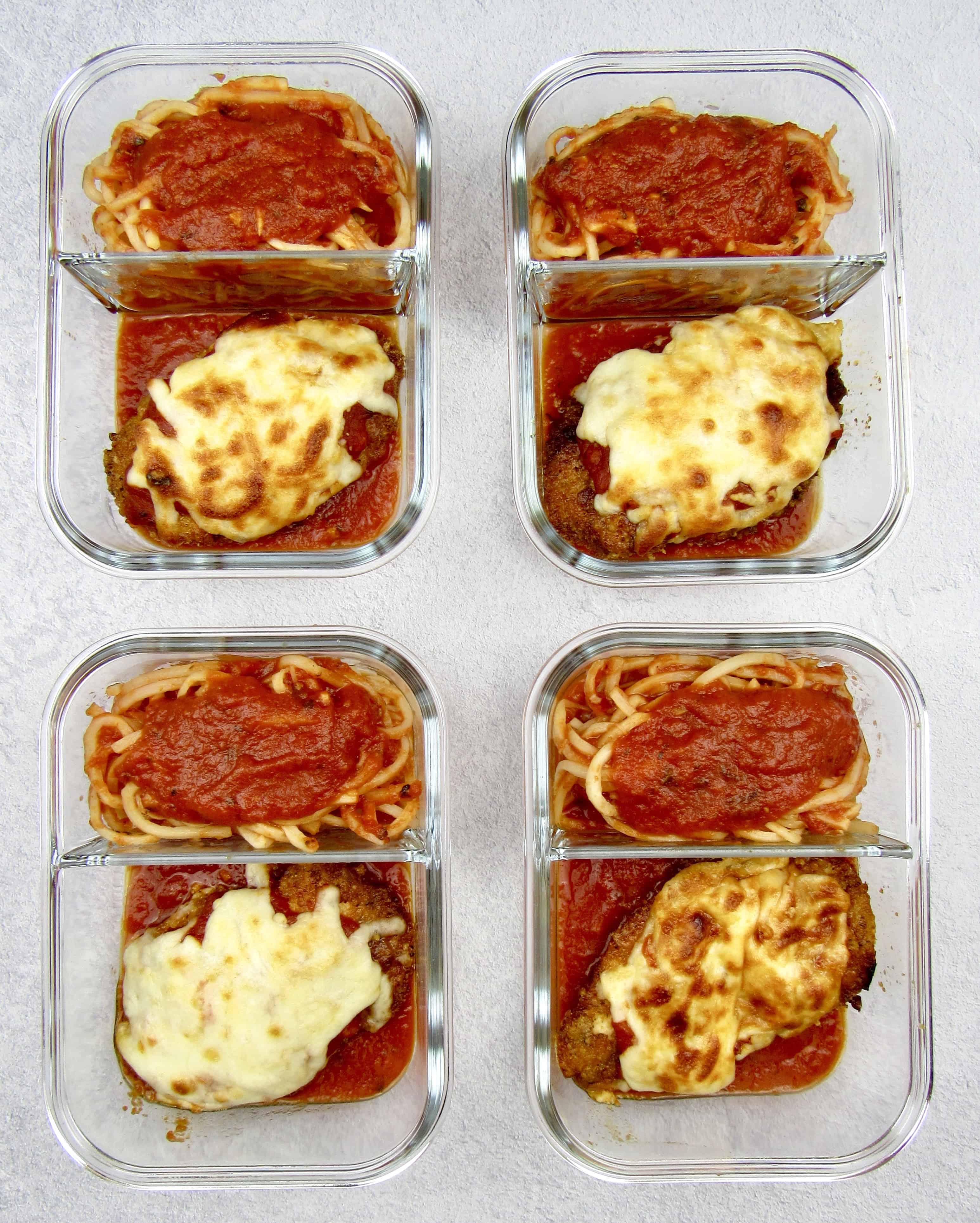 chicken parm and noodles in 4 glass food storage containers