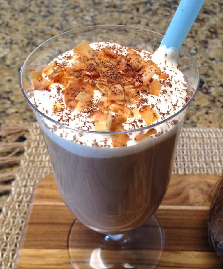 coconut shake in glass with toasted coconut on top