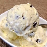 closeup of Keto Vanilla Chocolate Chip Ice Cream in white bowl