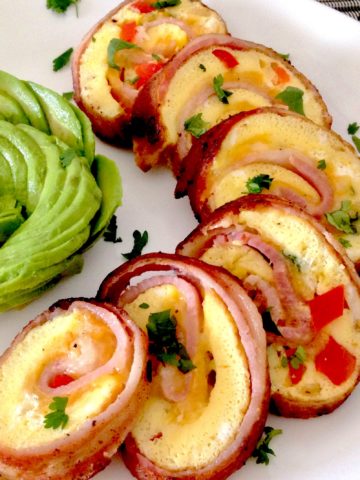 Bacon, Egg and Pepper Pinwheels with Goat Cheese and avocado on side
