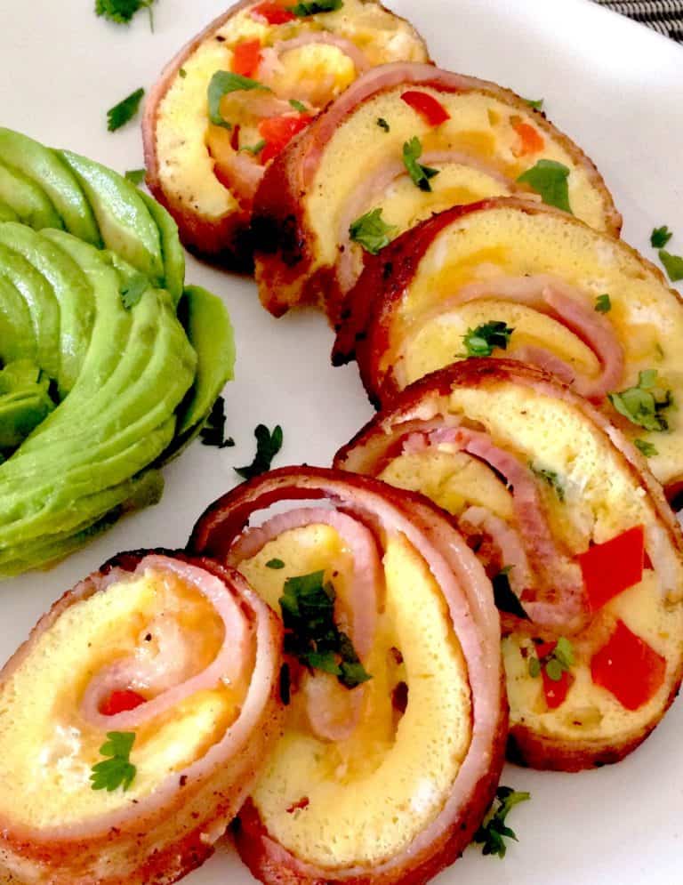 Bacon, Egg and Pepper Pinwheels with Goat Cheese and avocado on side