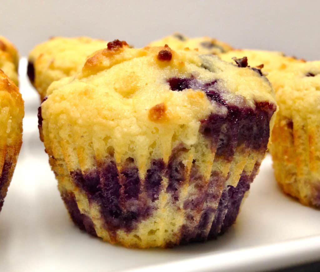 closeup of a blueberry muffin on white plate