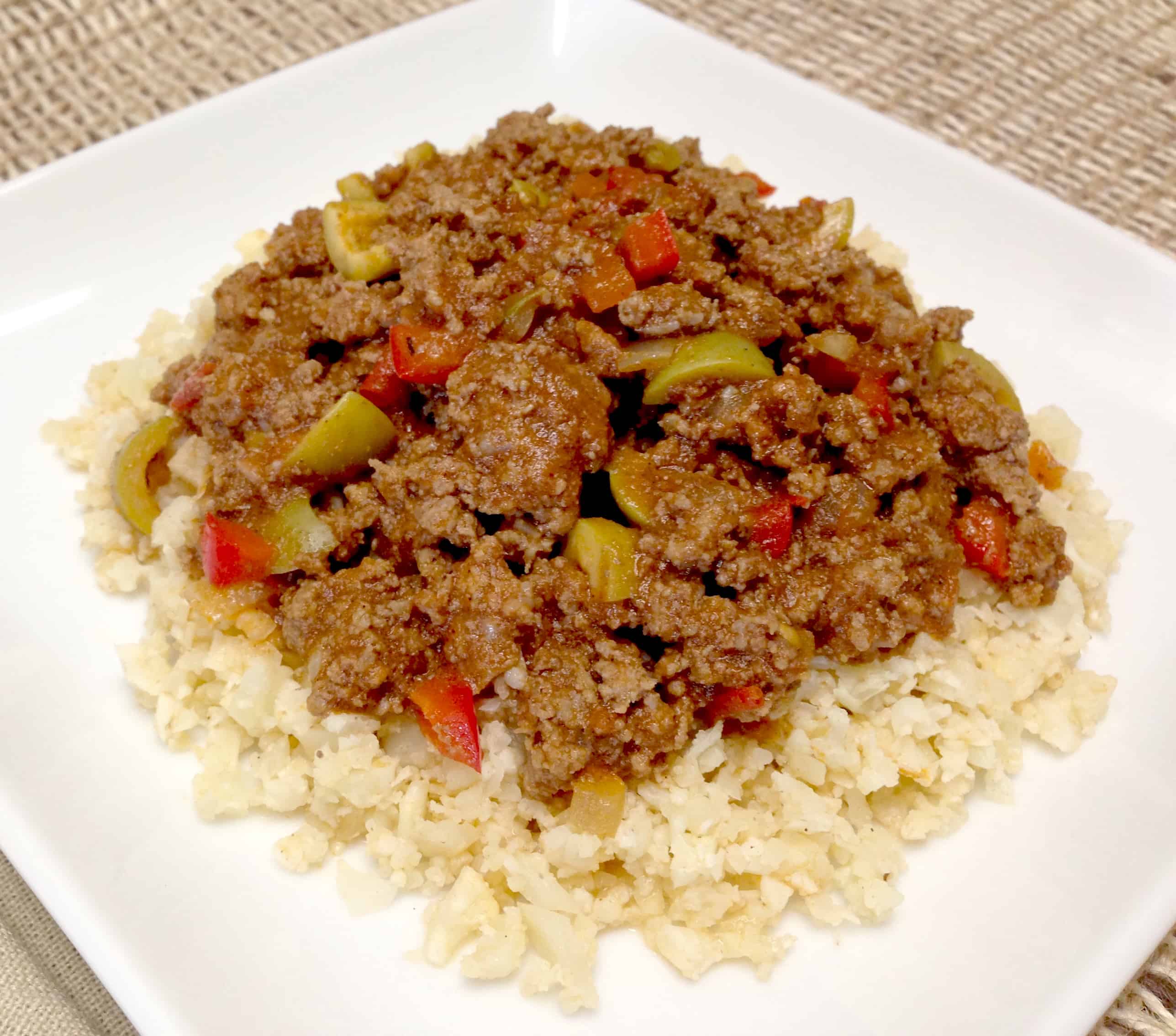 Picadillo over Cauliflower Rice on a plate