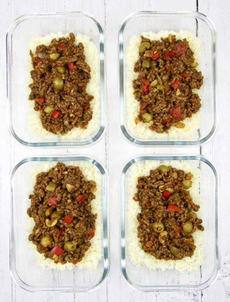 picadillo over cauliflower rice in 4 glass storage containers
