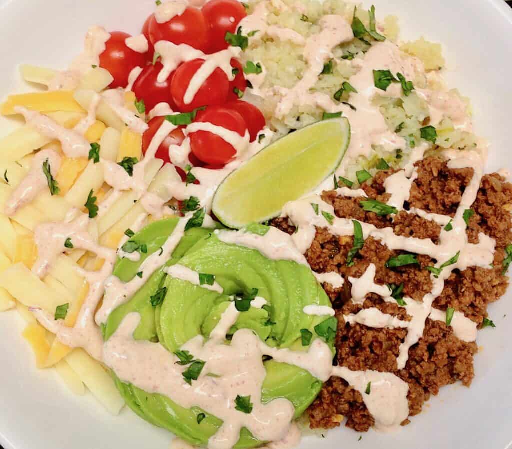 overhead closeup view of burrito bowl