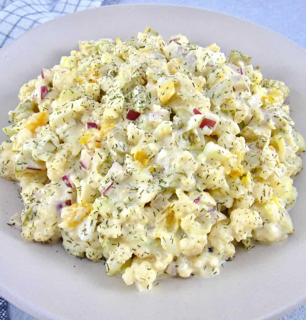 Cauliflower "Potato" Salad in beige bowl
