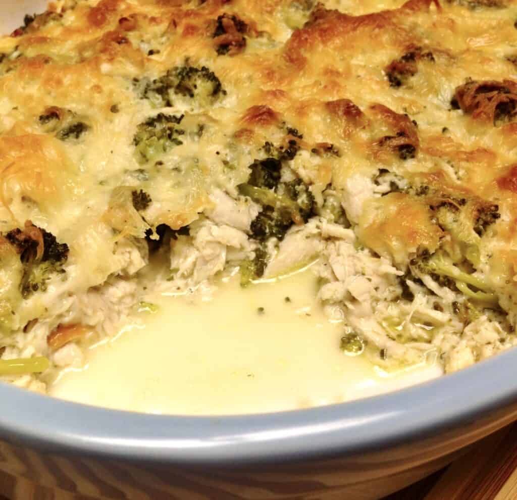 chicken broccoli casserole with piece missing