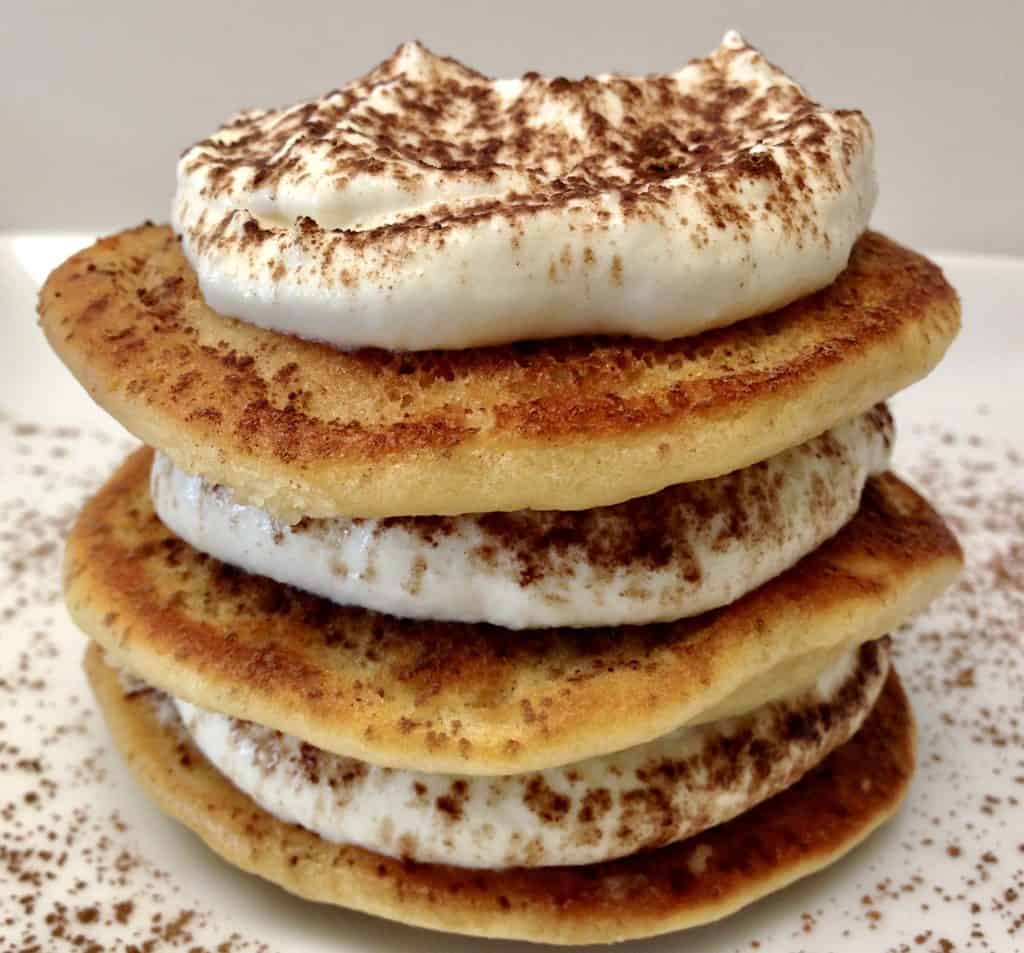 keto tiramisu pancakes on white plate