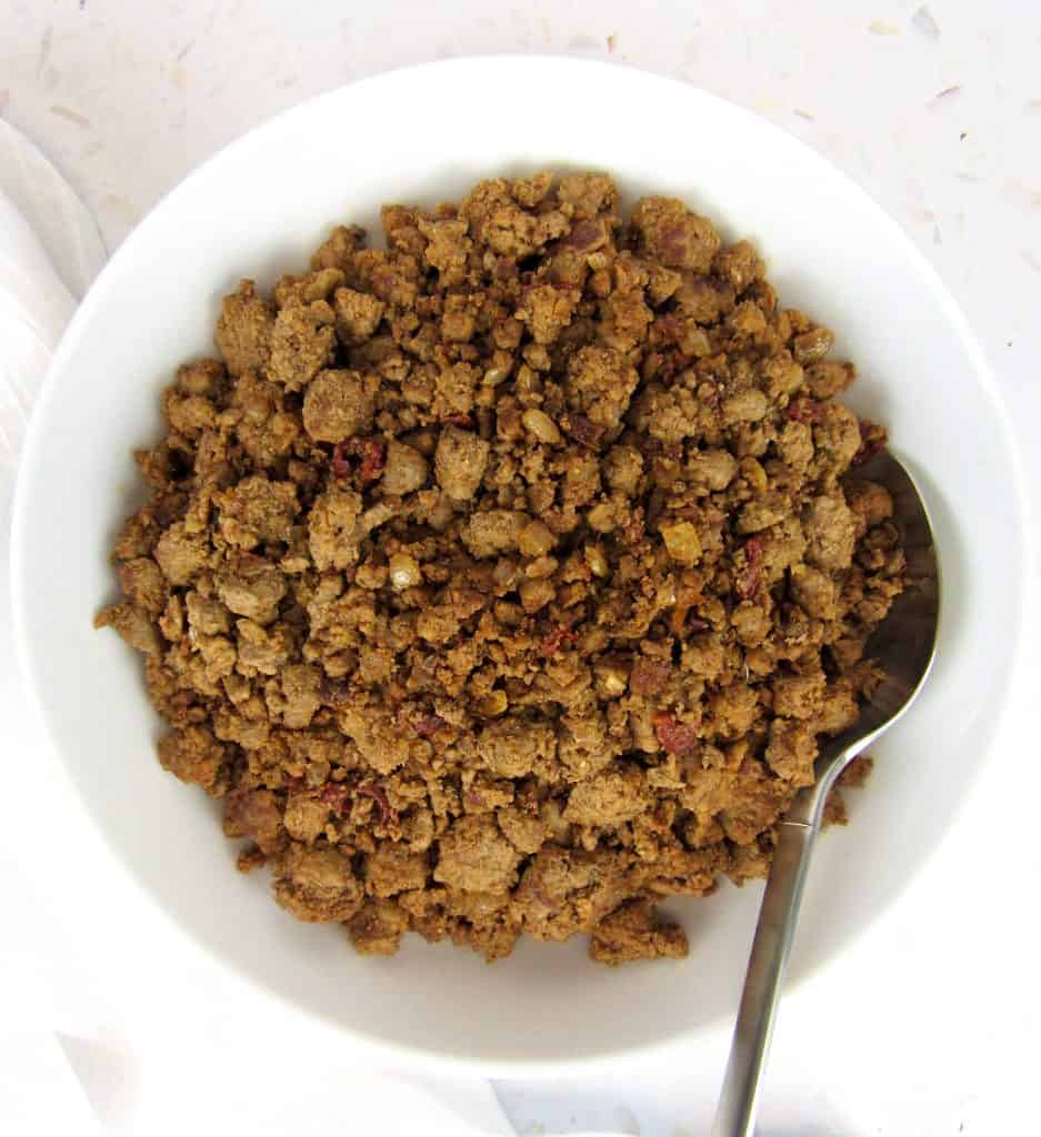 taco meat in white bowl with spoon