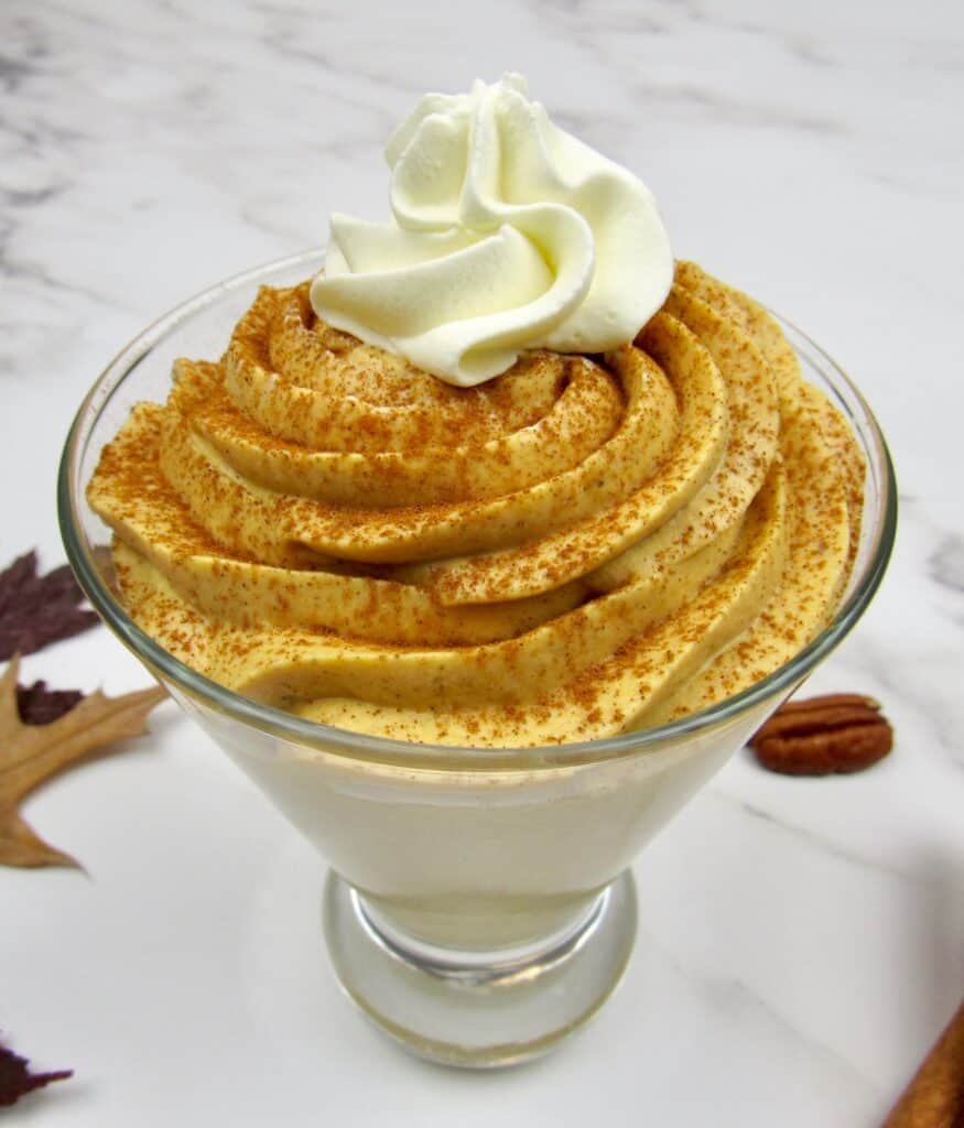 Keto/Low Carb Easy Pumpkin Cheesecake Mousse topped with whipped cream