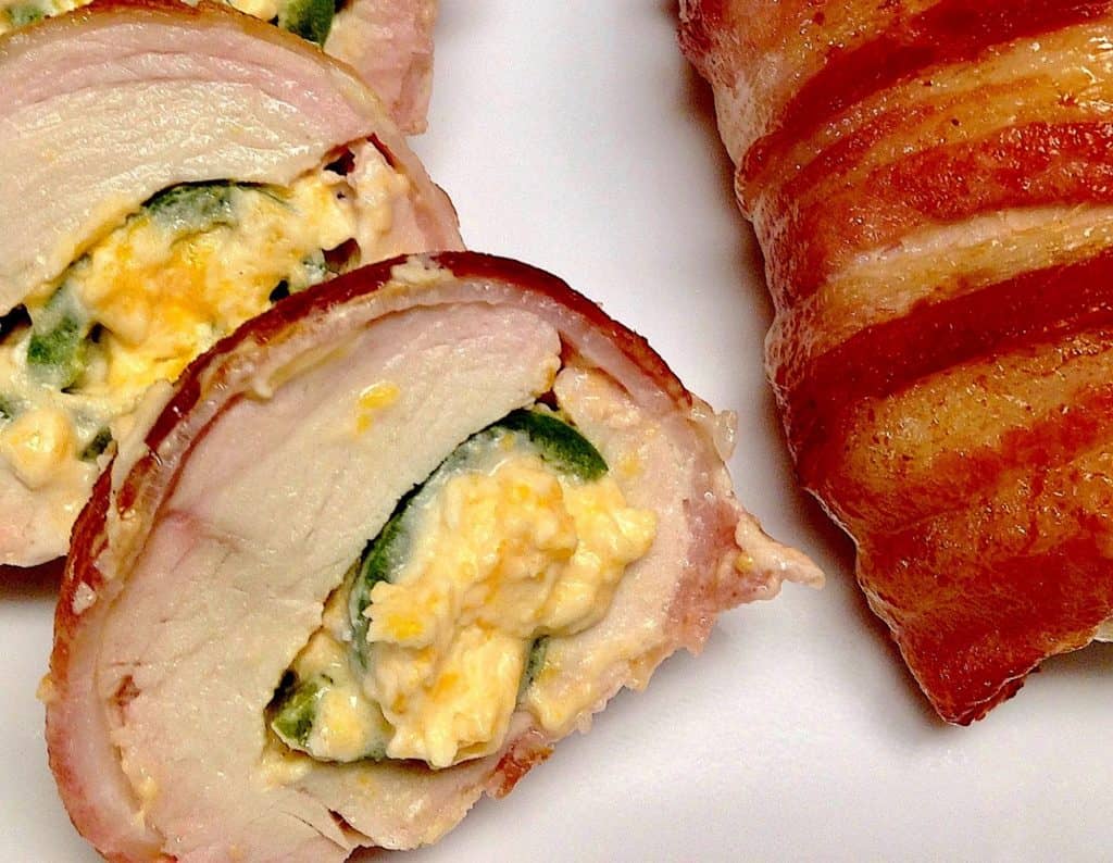 bacon wrapped chicken stuffed with pepper and cheese