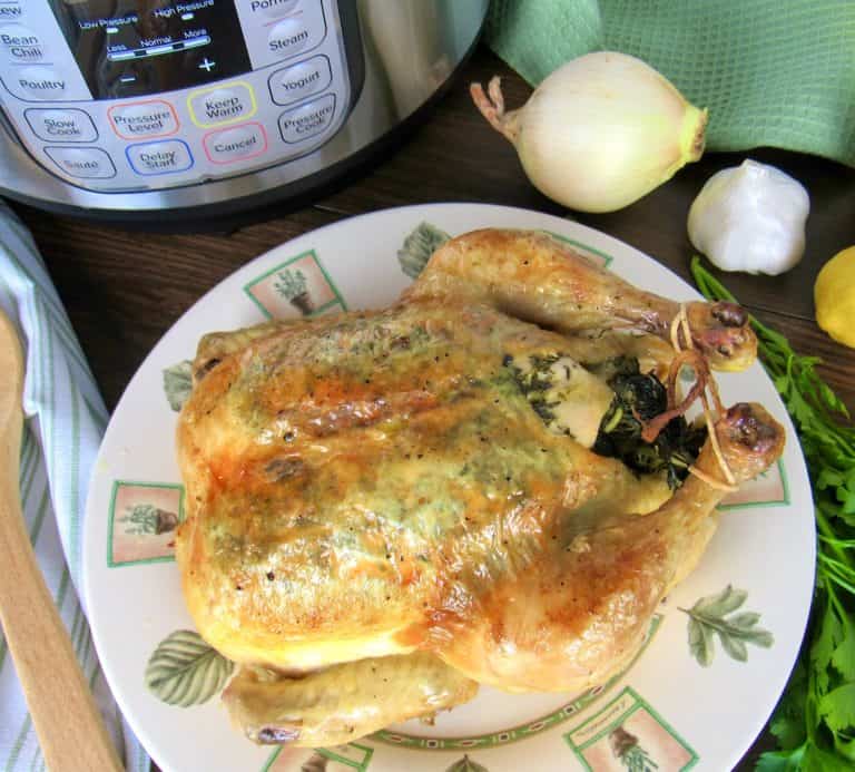 roasted chicken on plate with instant pot in background