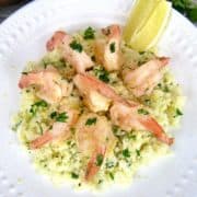 overhead view of Keto Shrimp Scampi in white dish