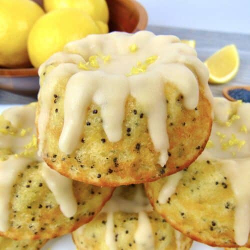 closeup of stack of lemon poppy cakes