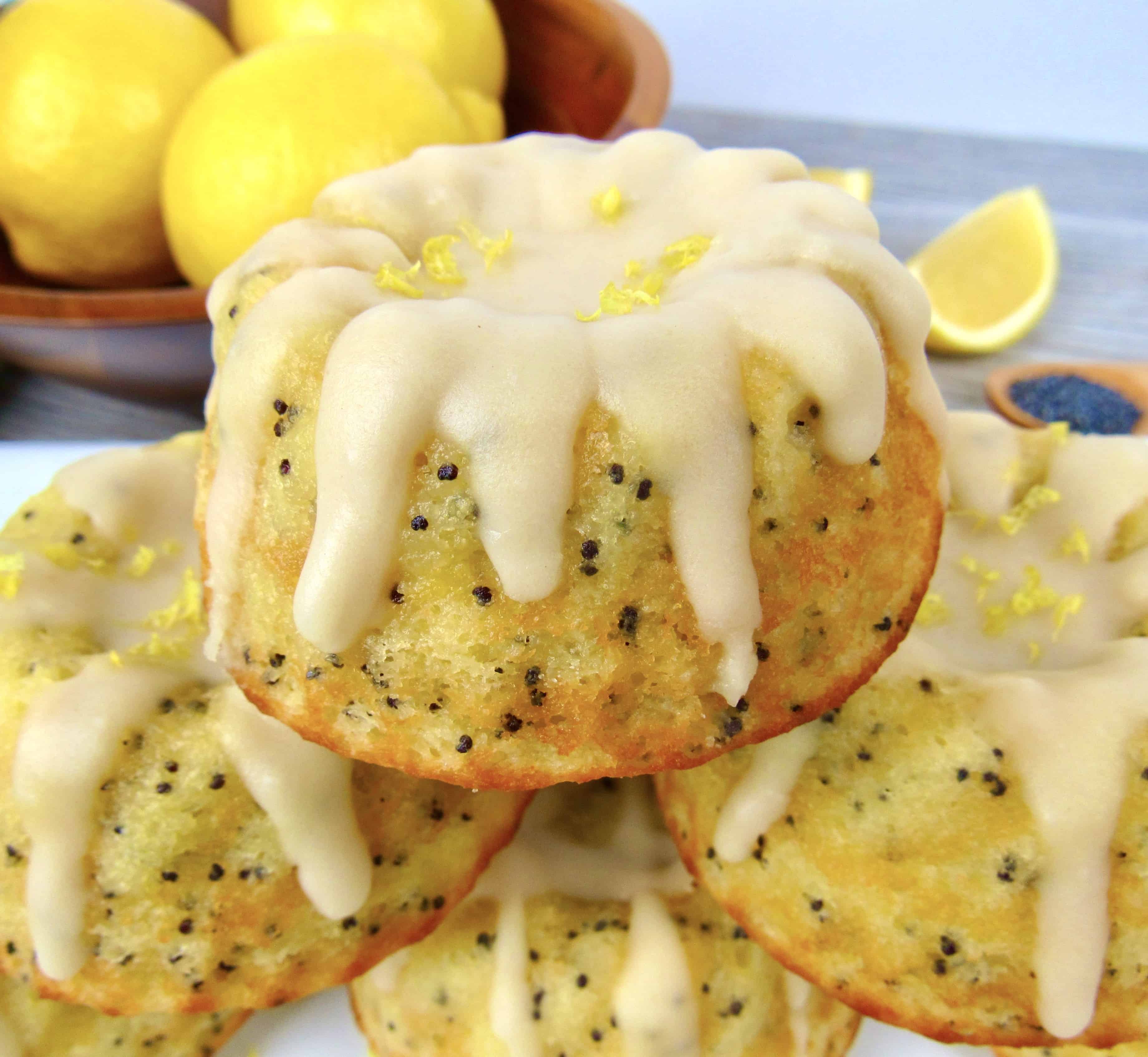 closeup of stack of lemon poppy cakes