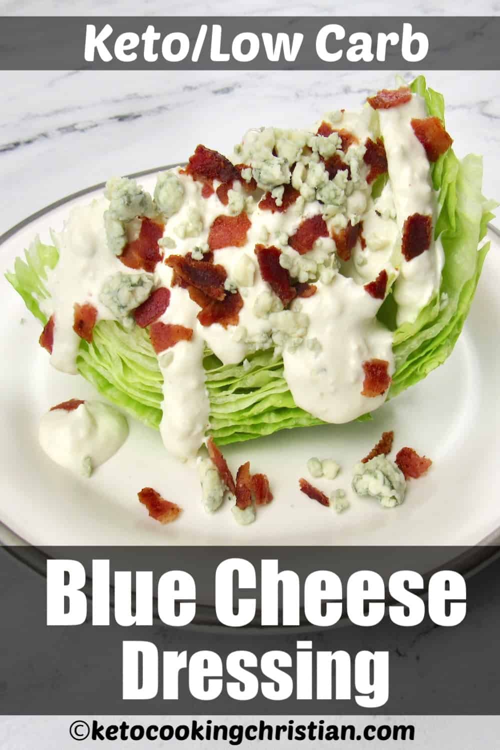 wedge of iceberg lettuce topped with blue cheese dressing, crumbles and bacon on white plate