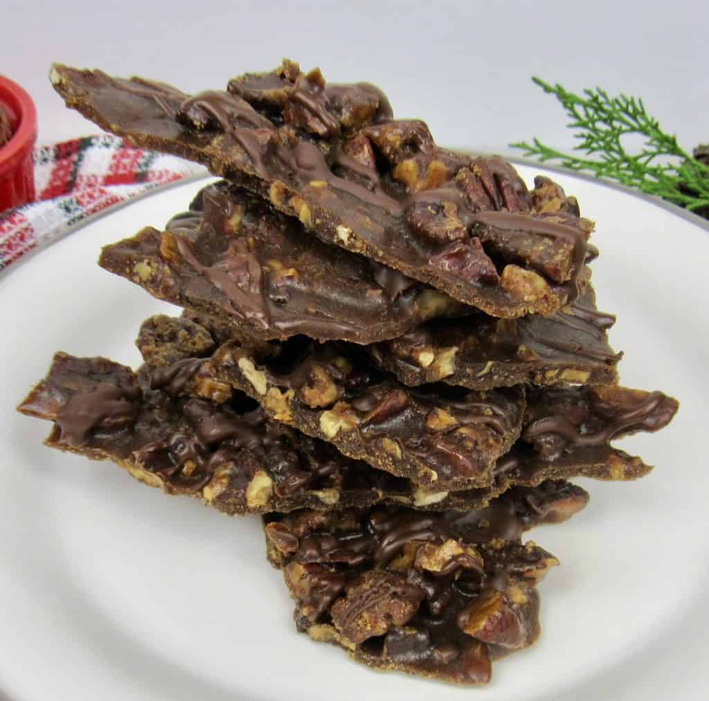 closeup of Keto Pecan Praline Bark stack on plate