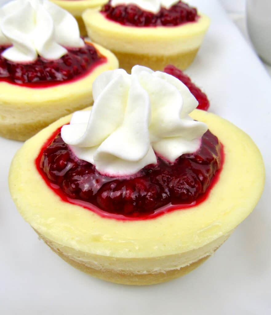 little cheesecakes with raspberry sauce and whip cream on top