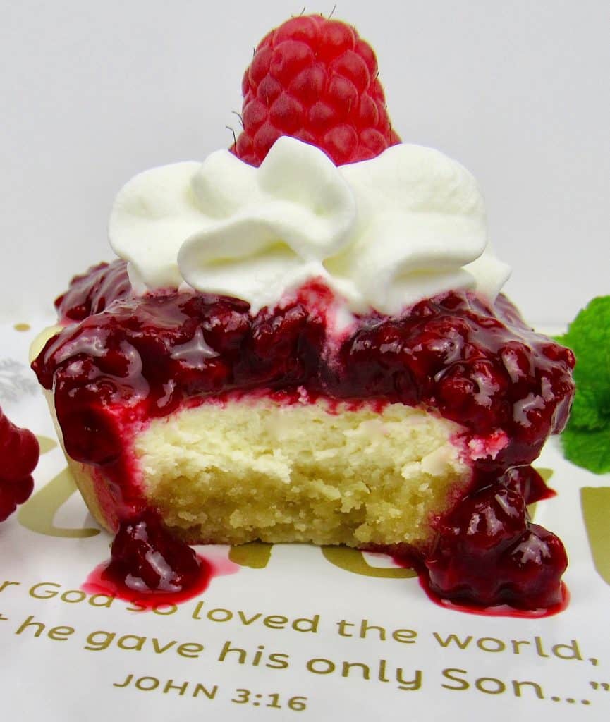 Mini Cheesecake with Raspberry Sauce on white plate with whip cream and a raspberry on top