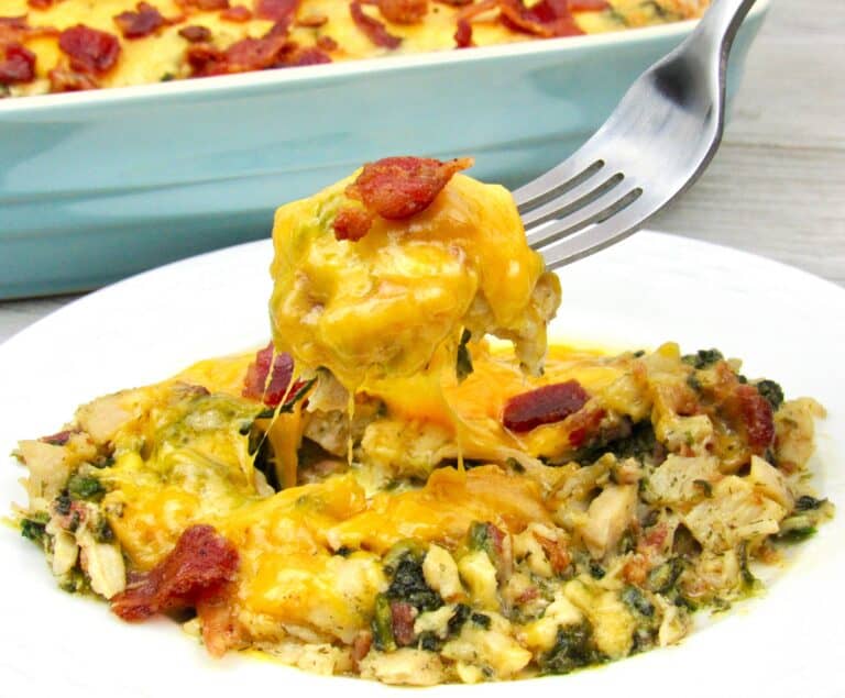 Bacon Ranch Chicken Casserole in Bowl with Bite on Fork