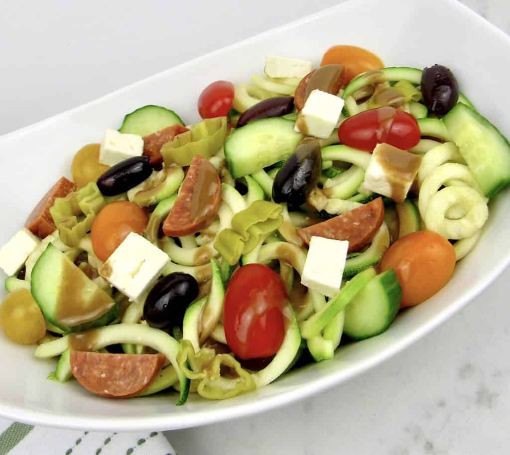 Zoodle Pasta Salad in white bowl