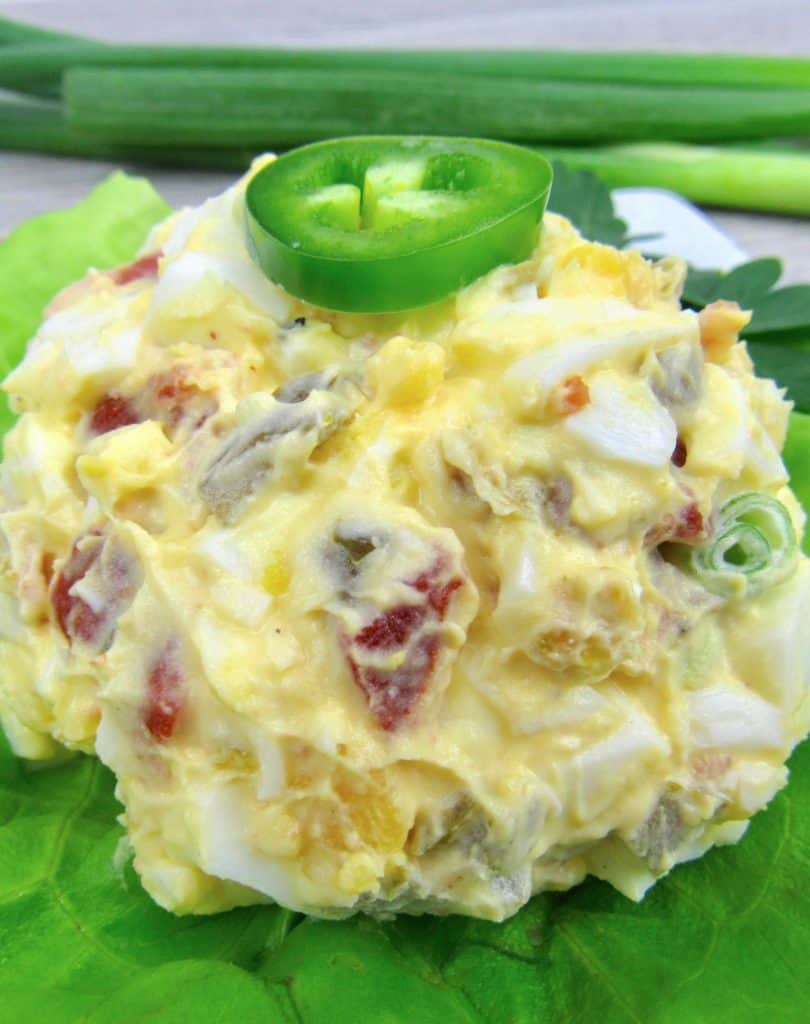 scoop of jalapeno popper eggs salad on lettuce
