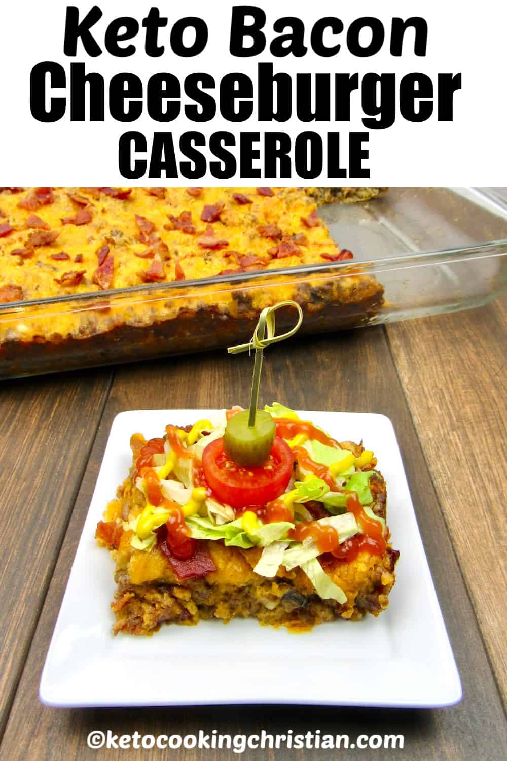 sliced of cheeseburger casserole on white plate with casserole in background