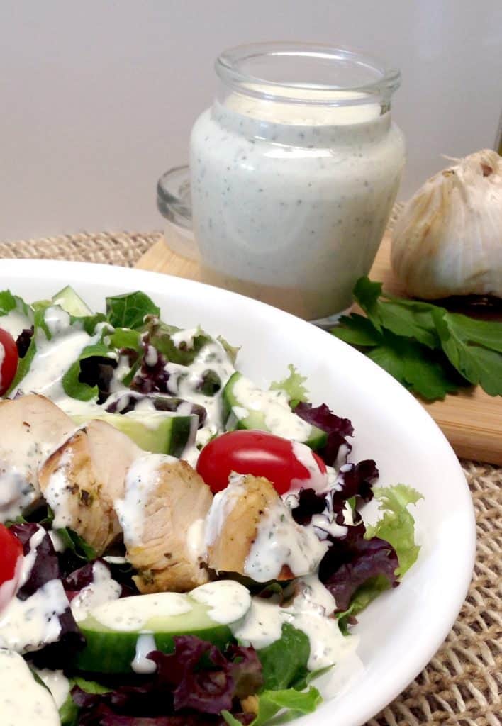 creamy garlic dressing over chicken salad