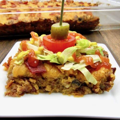 Keto/Low Carb Bacon Cheeseburger Casserole slice on plate
