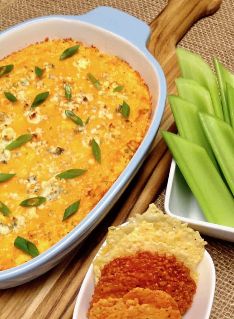 Buffalo Chicken Dip in casserole dish - Keto and Low Carb