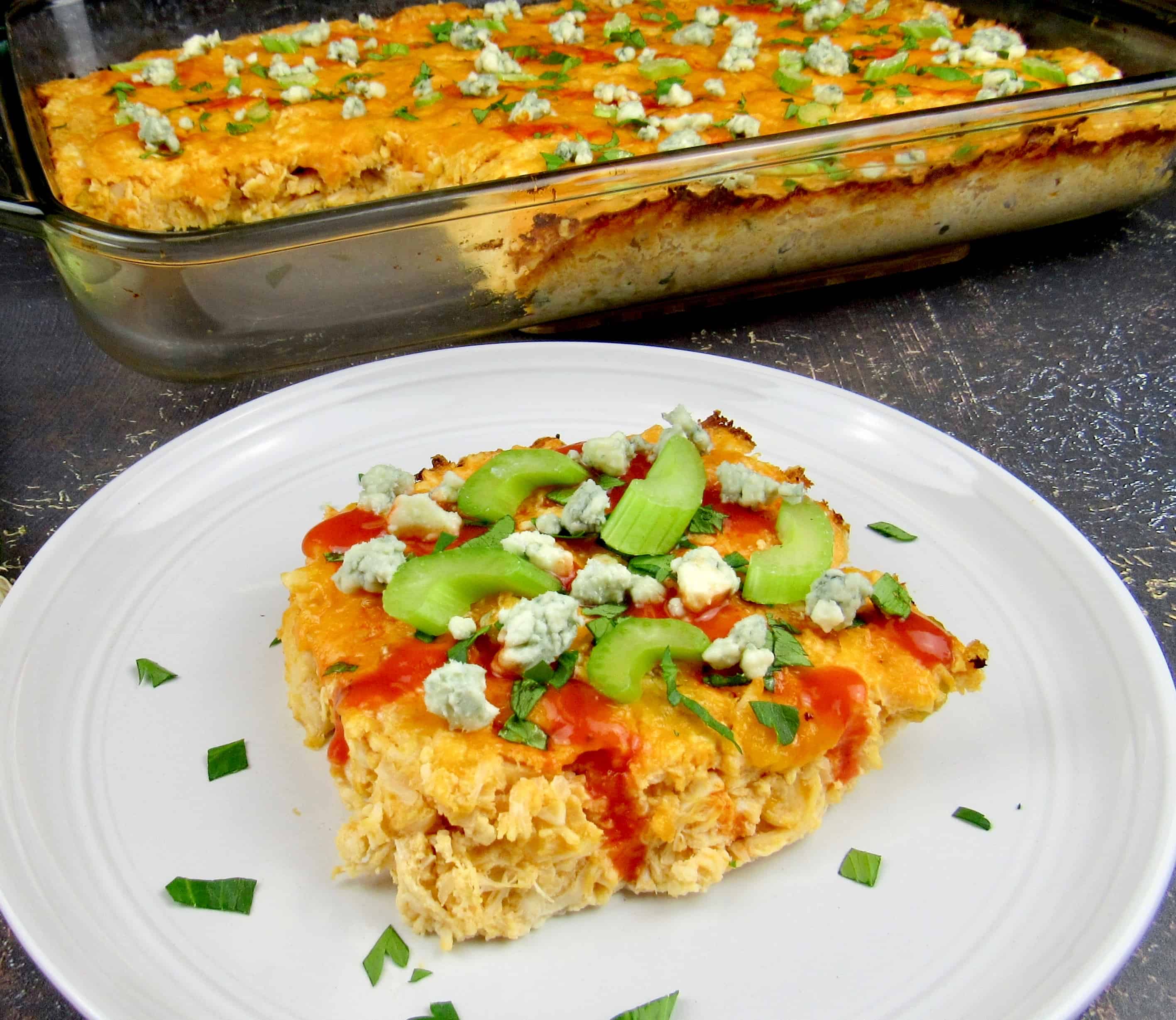 closeup of slice of buffalo chicken casserole