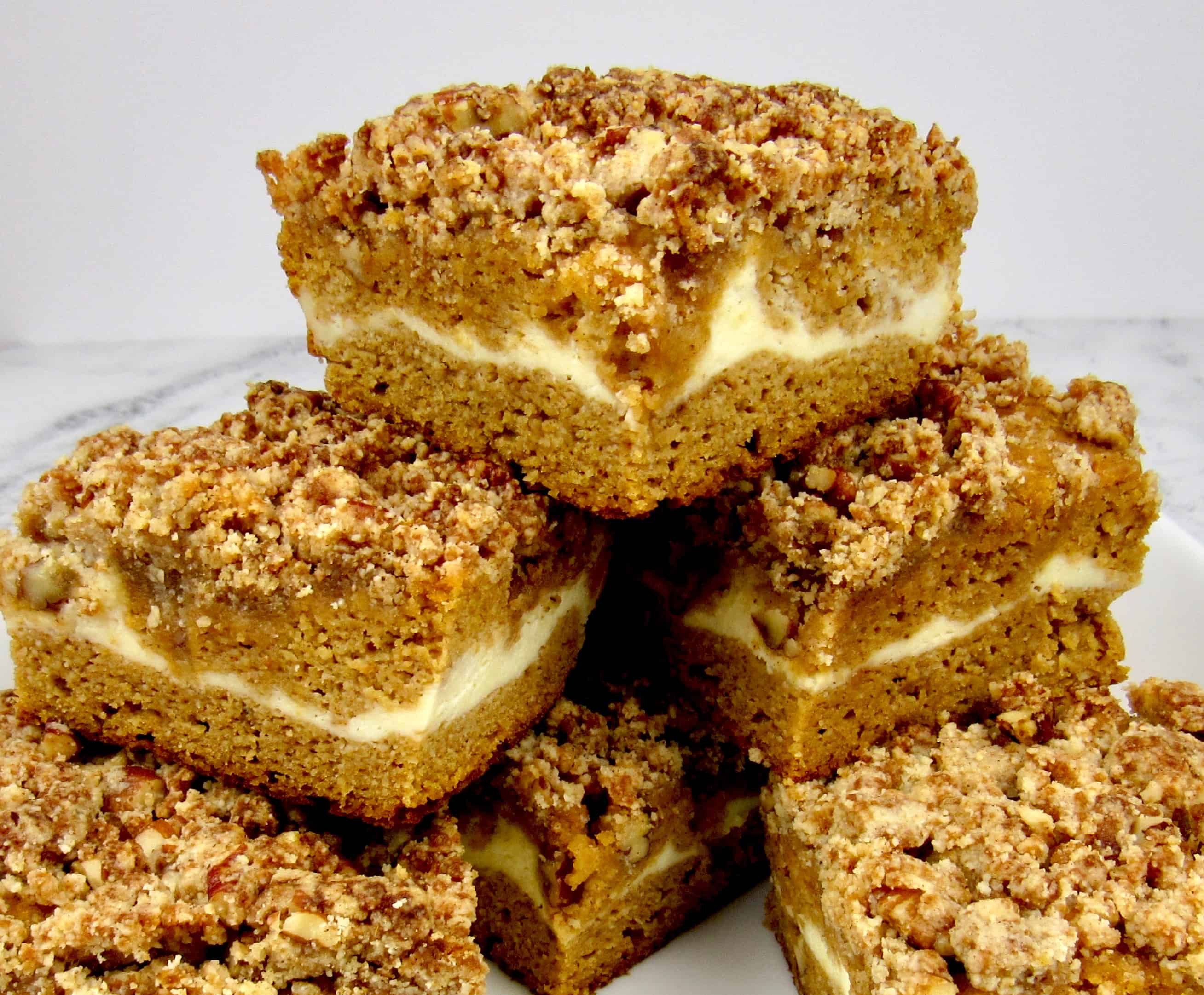 pumpkin coffee cake slices stacked closeup