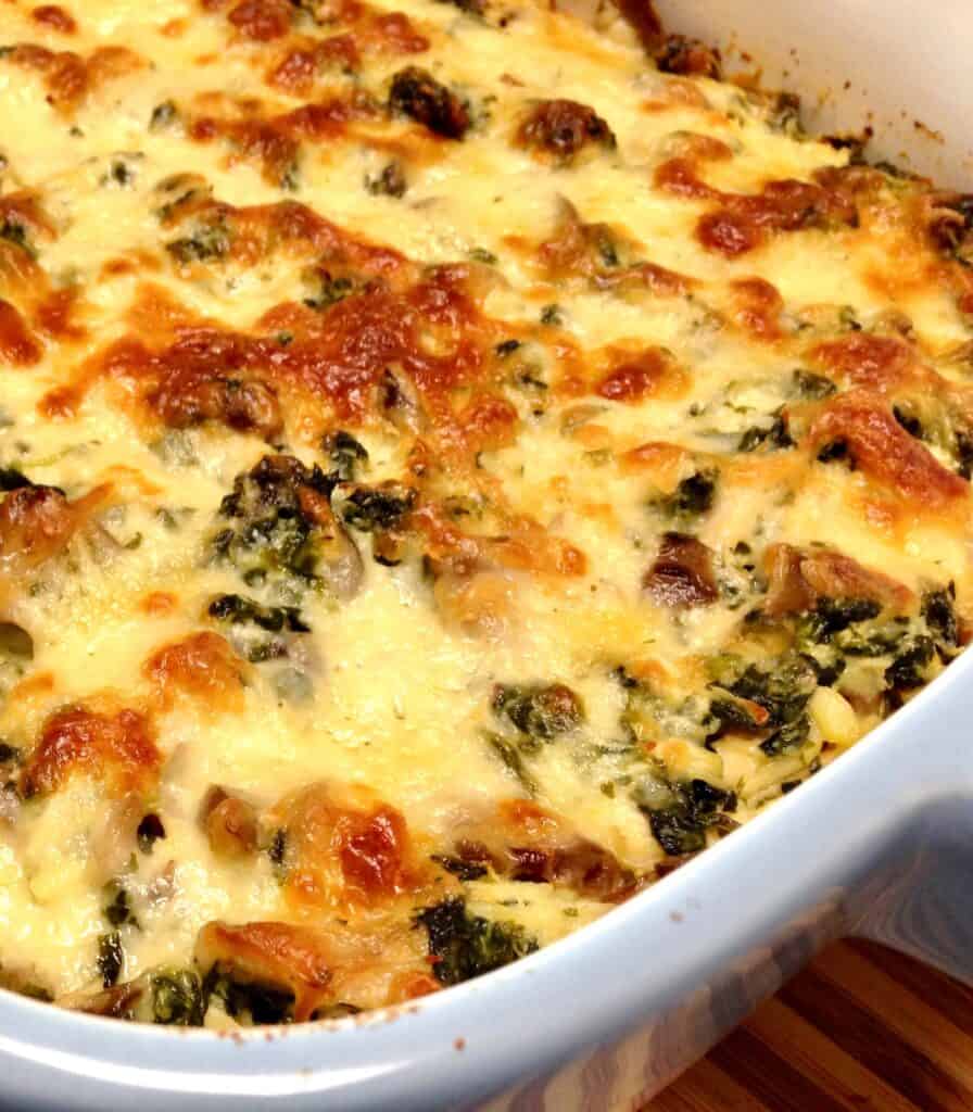 chicken, spinach and mushroom casserole baked with cheese on top