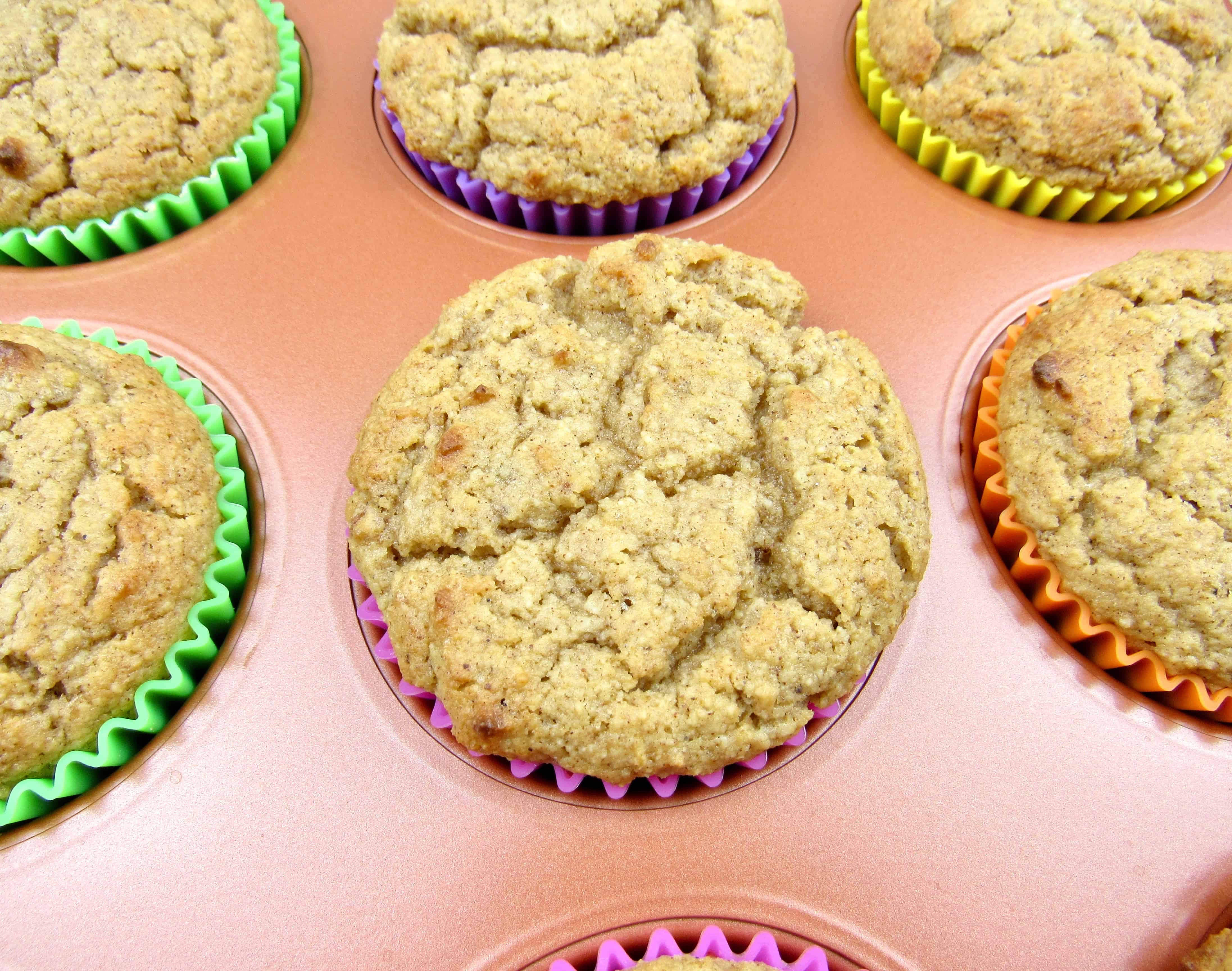 closeup of baked keto mock apple muffins in pan
