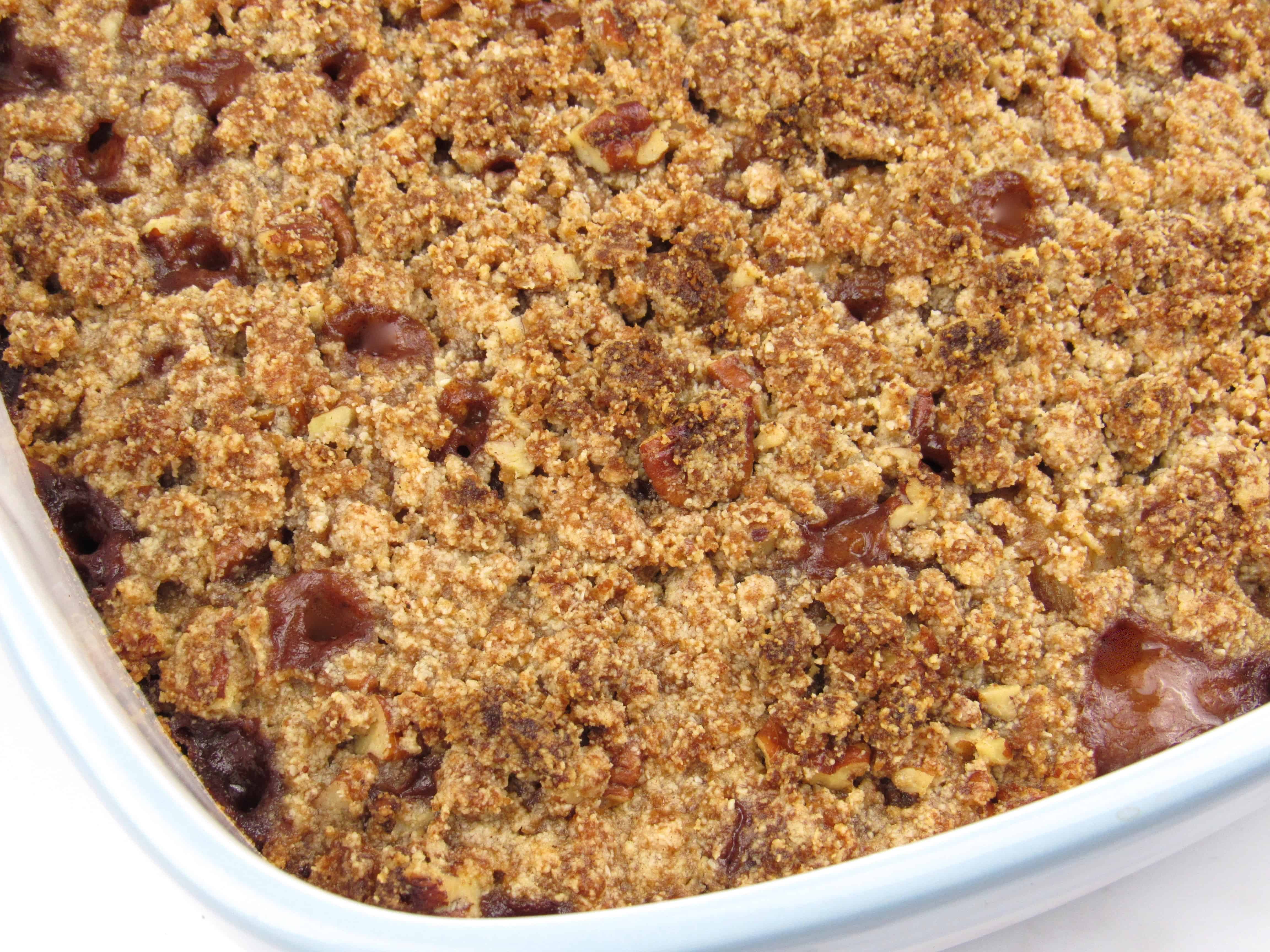 closeup of mock apple crumble in casserole baked