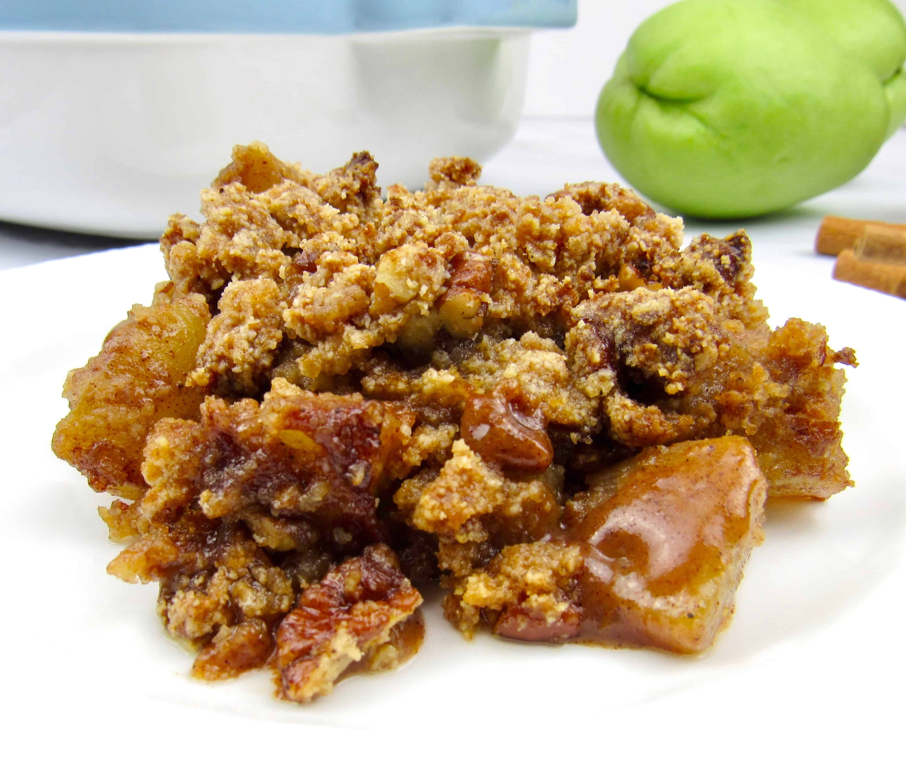closeup of mock apple crumble on white plate