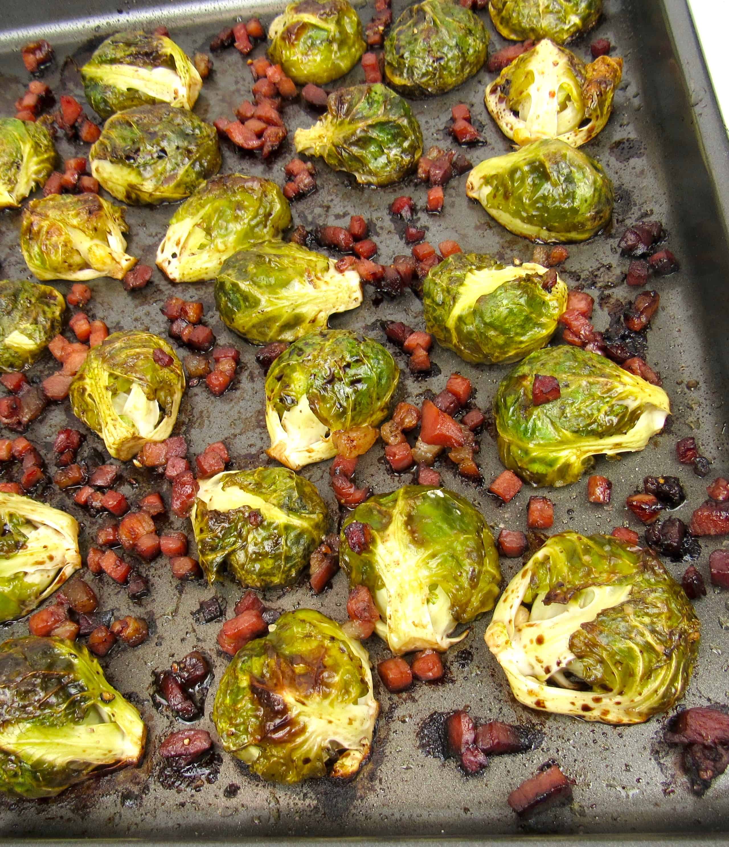 roasted balsamic brussels sprouts on sheet pan