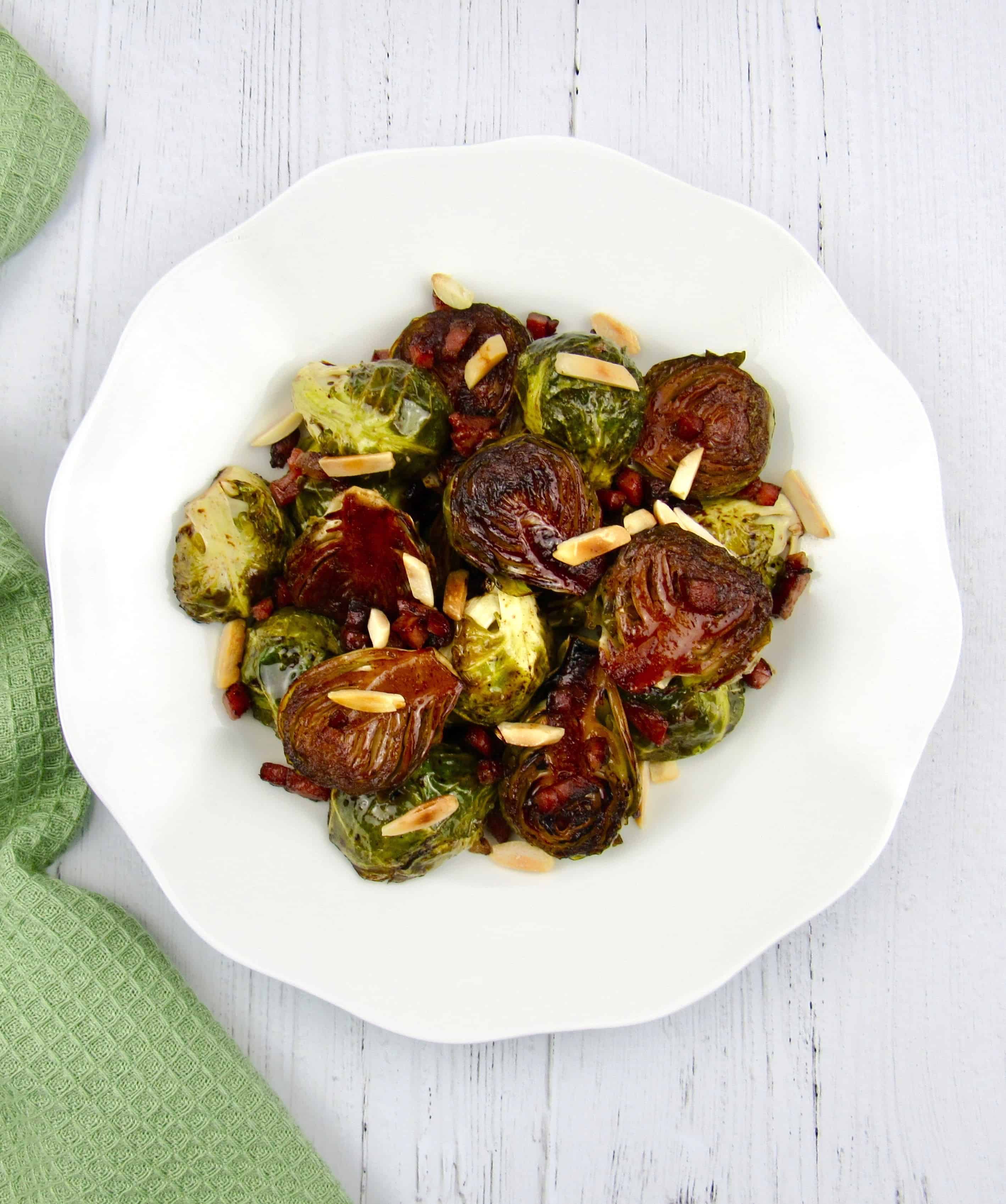 overhead view of roasted brussels sprouts in dish