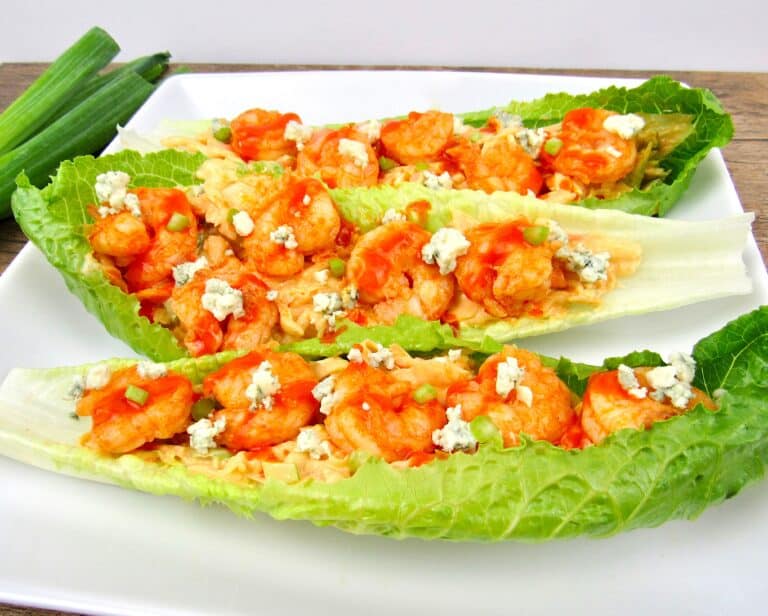 closeup of buffalo shrimp in lettuce wraps