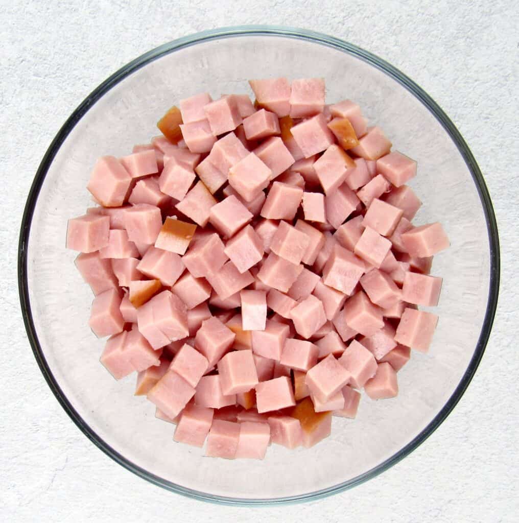 glass bowl with diced ham