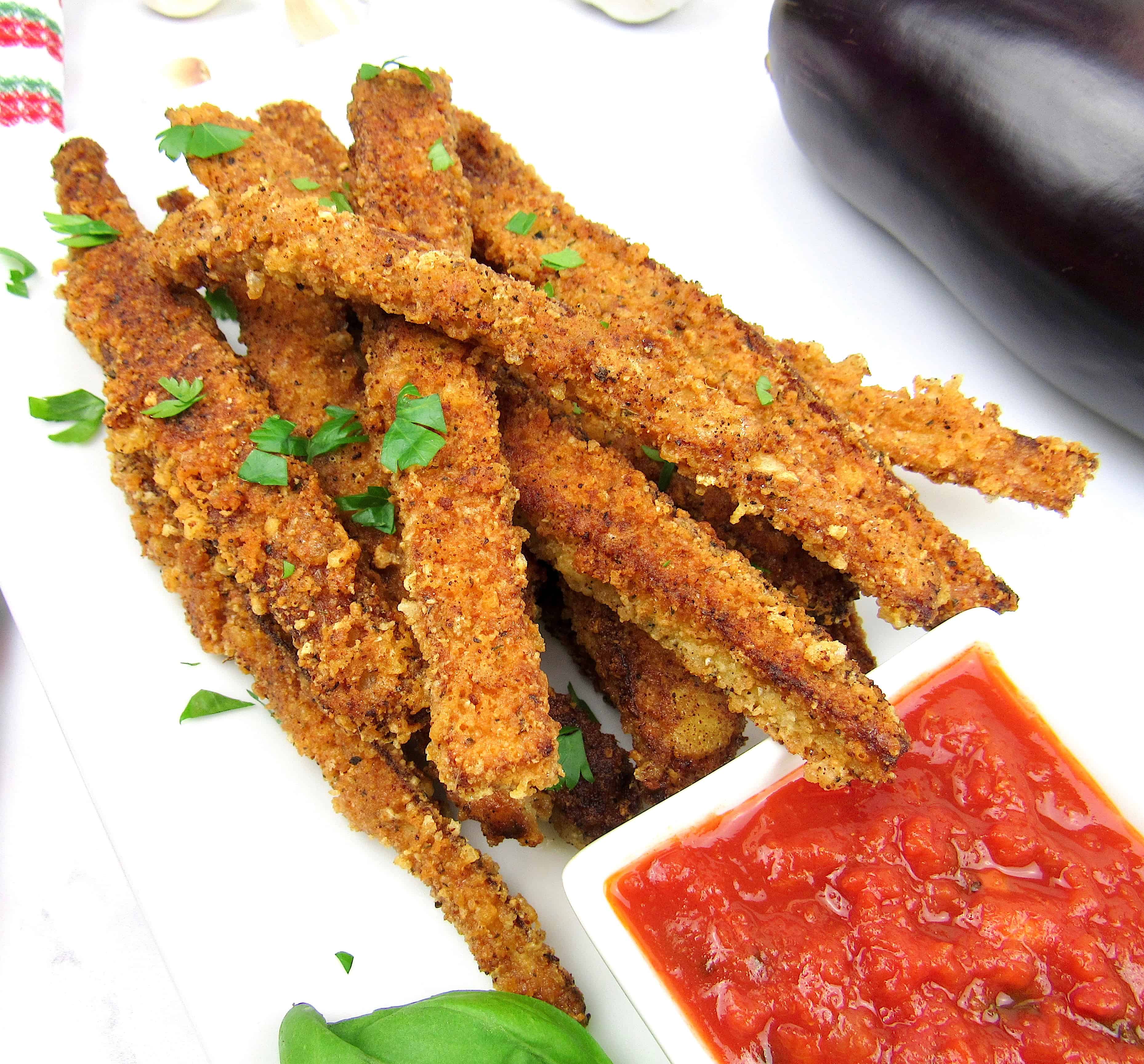overhead view of eggplant fries with side of marinara sauce