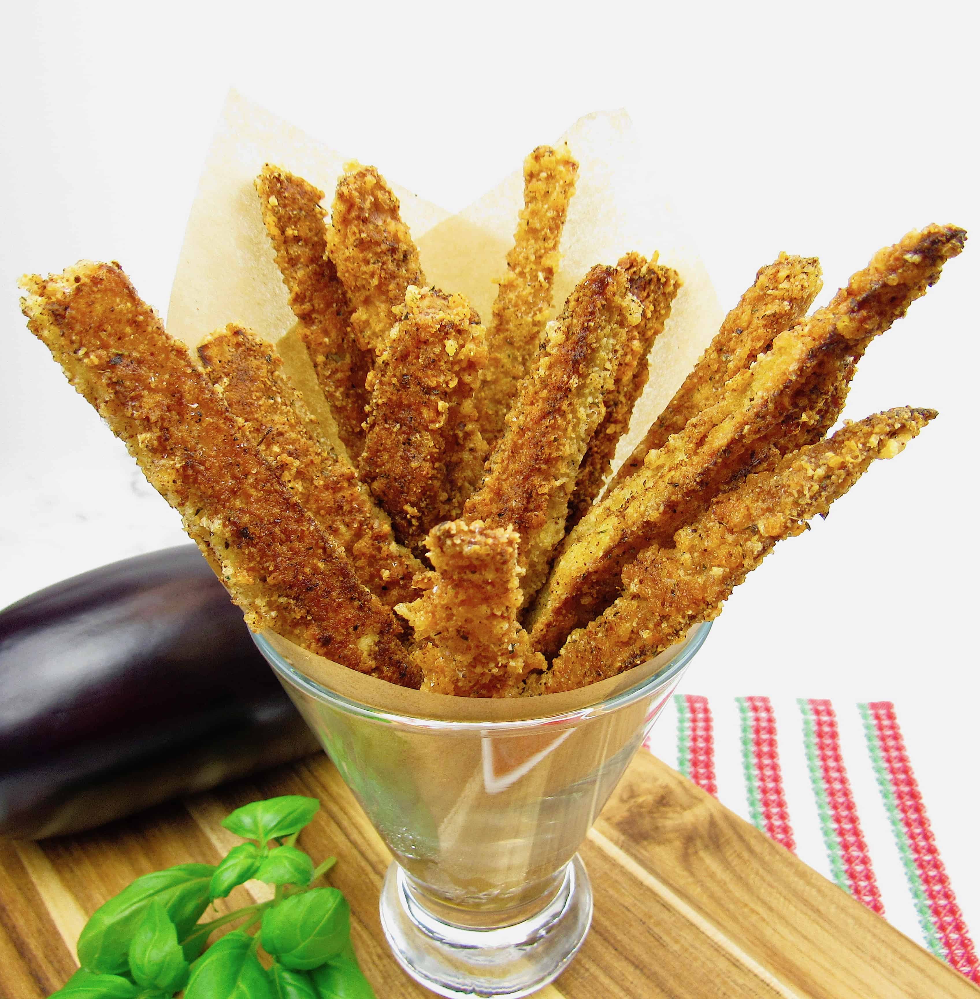 eggplant fries in glass