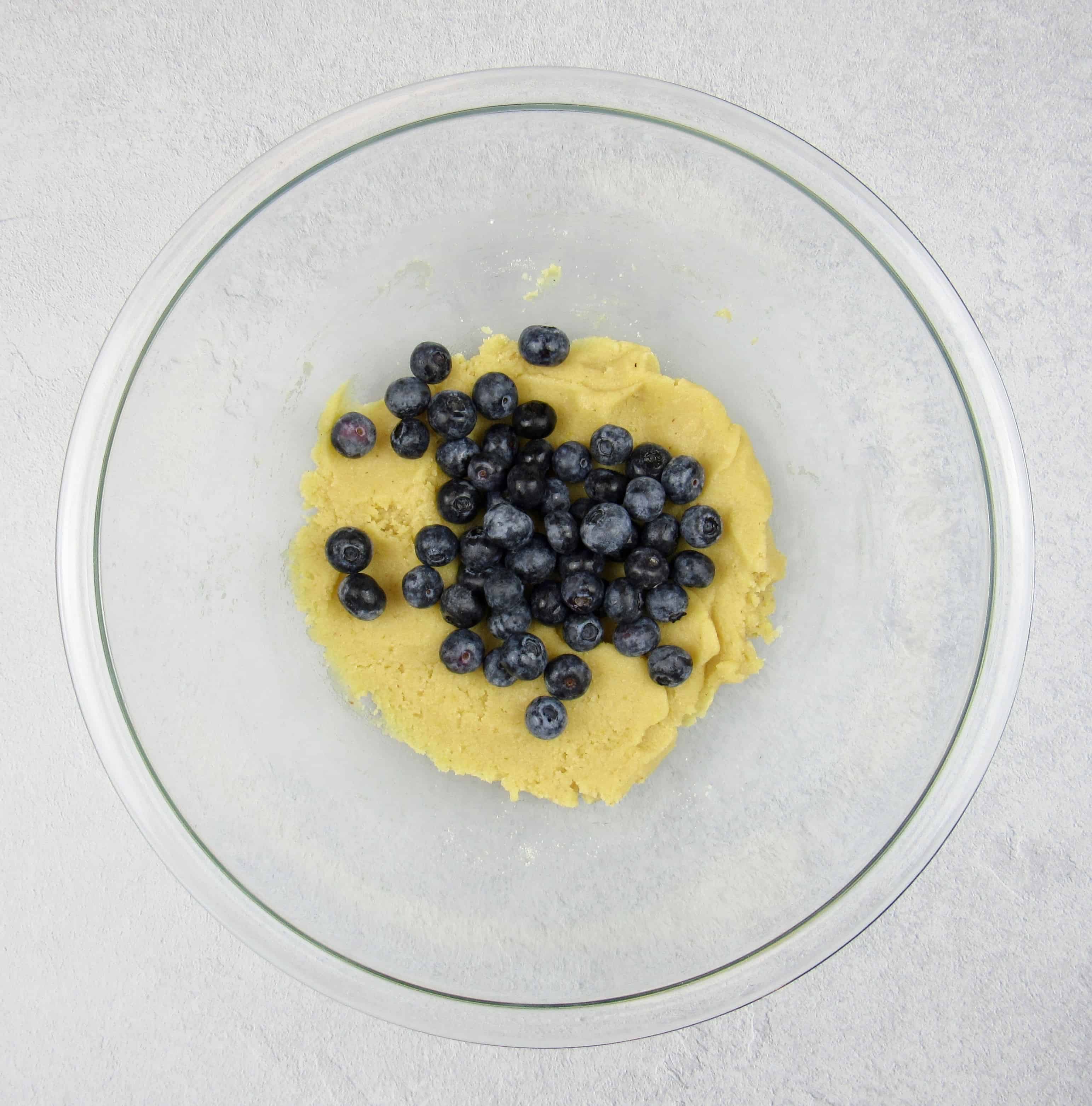 blueberry lemon scones dough in glass bowl