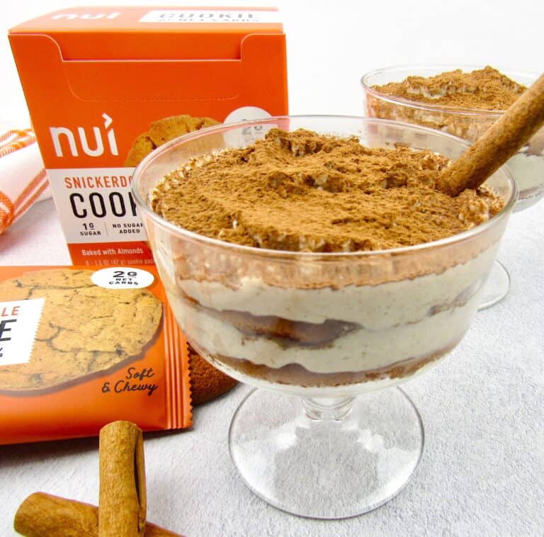 closeup of snickerdoodle tiramisu with Nui cookies in background