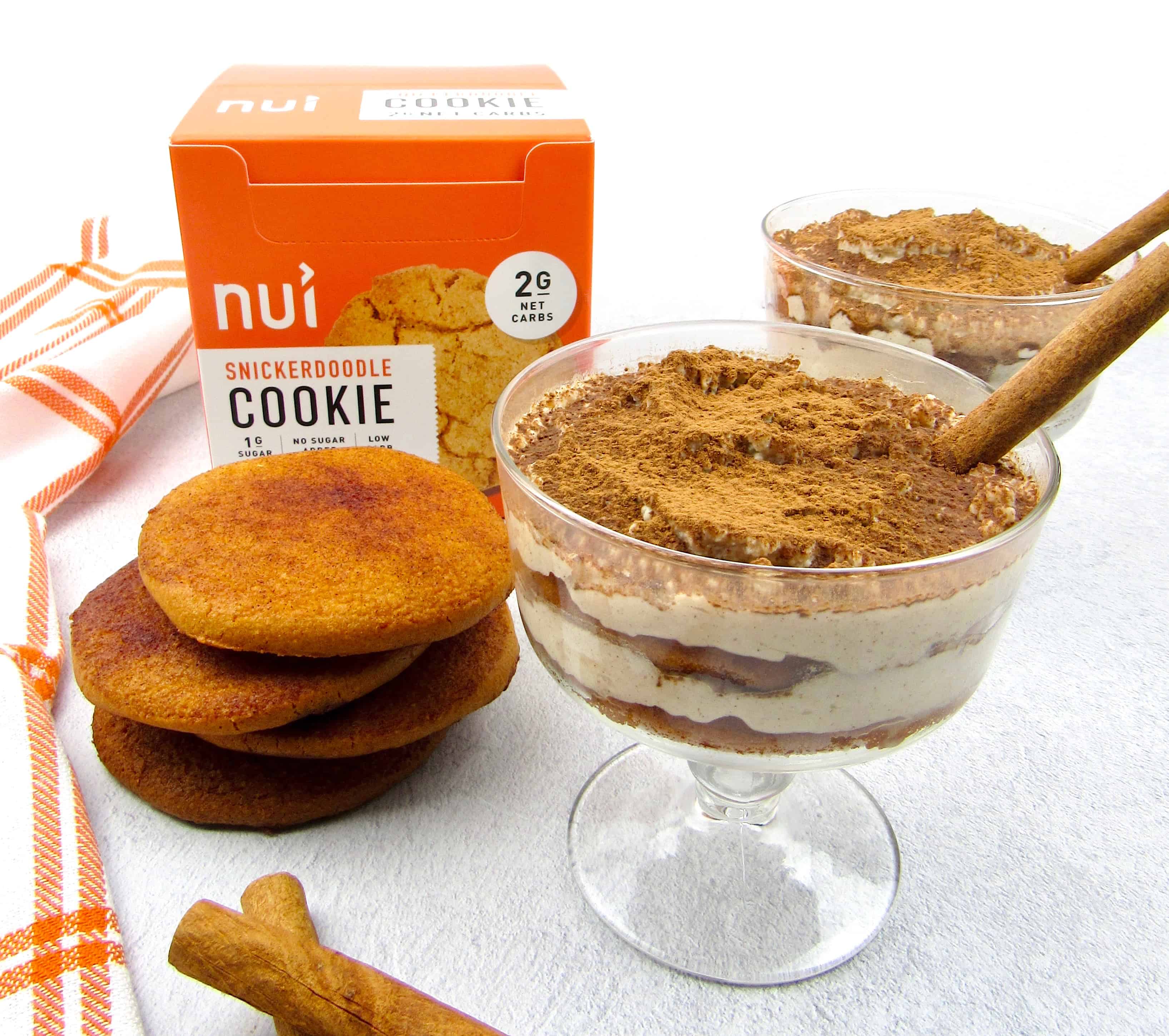 snickerdoodle tiramisu in glasses with stack of cookies next to