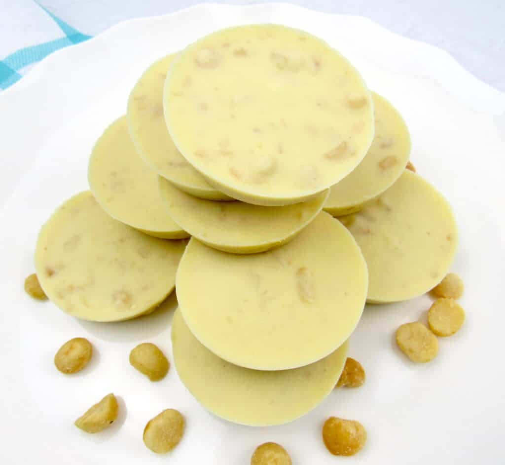 White Chocolate Macadamia Keto Fat Bombs on white plate