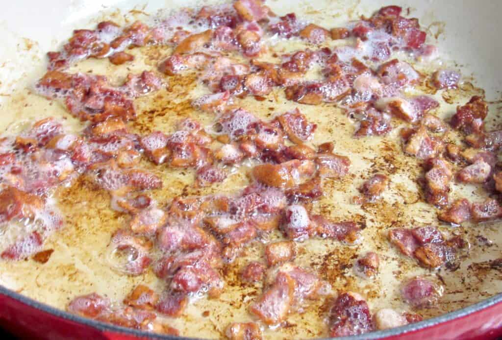 Chopped Bacon Frying in Pan