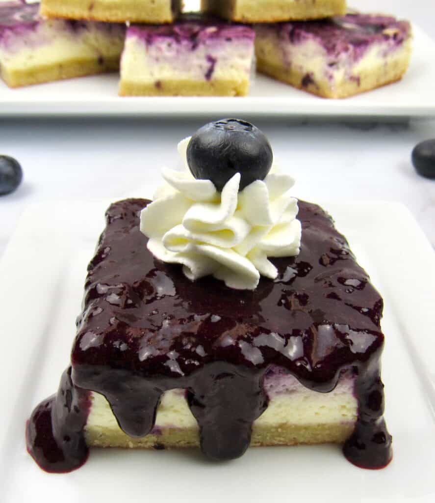 blueberry cheesecake bars with blueberry sauce and whip cream on top
