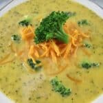 closeup of broccoli cheese soup in bowl